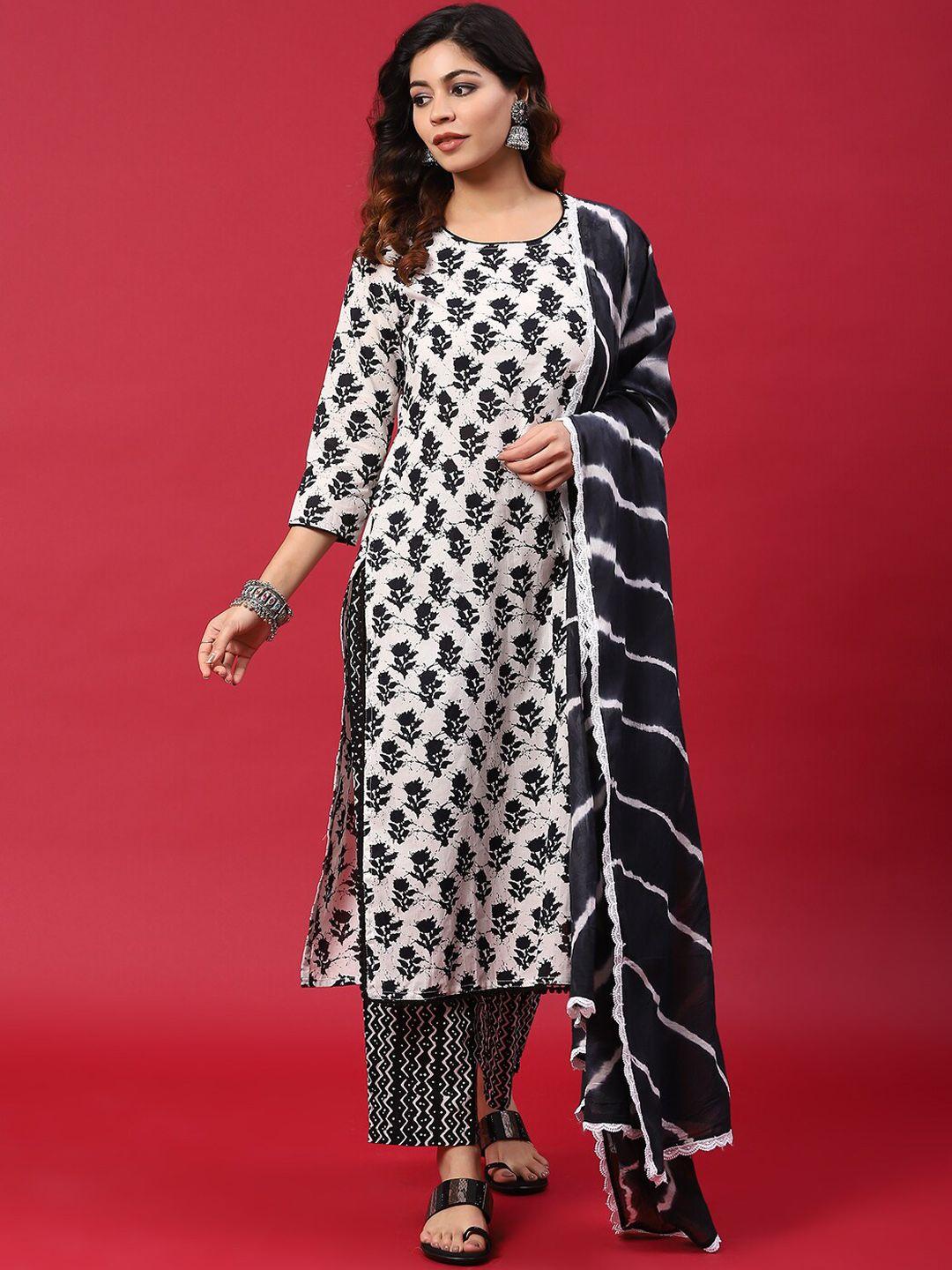 anouk white ethnic motifs printed pure cotton straight kurta with trouser & dupatta