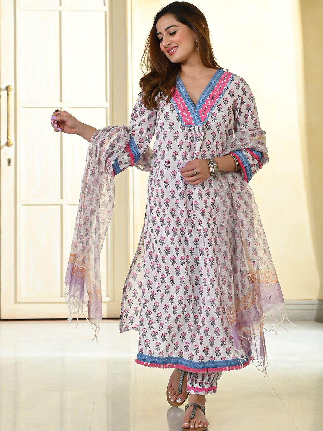 anouk white ethnic motifs printed regular pure cotton kurta with pyjamas & dupatta
