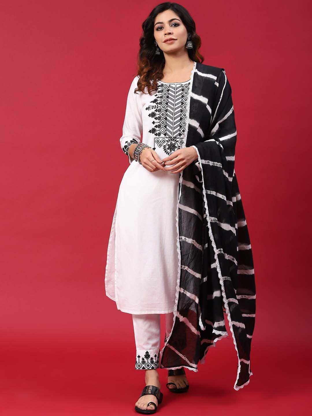 anouk white ethnic motifs yoke design thread work detailed pure cotton straight kurta set