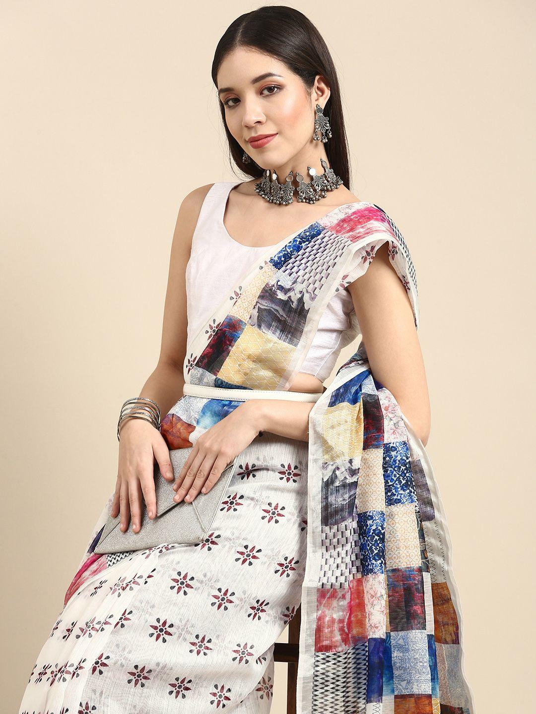 anouk white printed linen blend saree