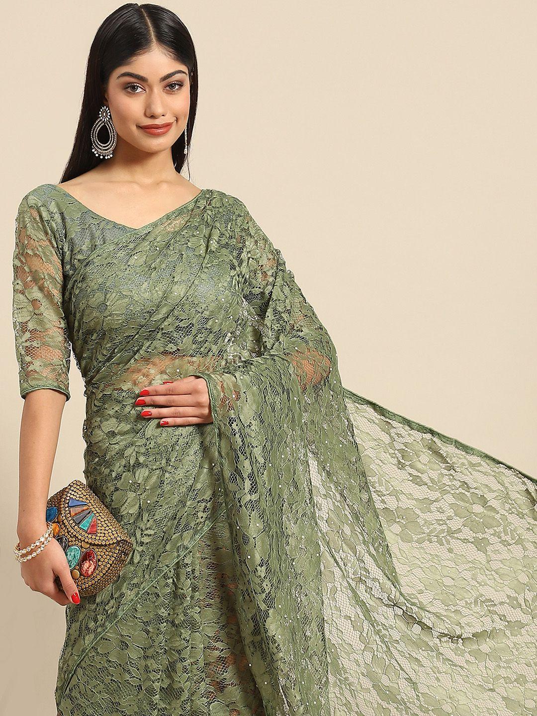 anouk woman green floral net saree