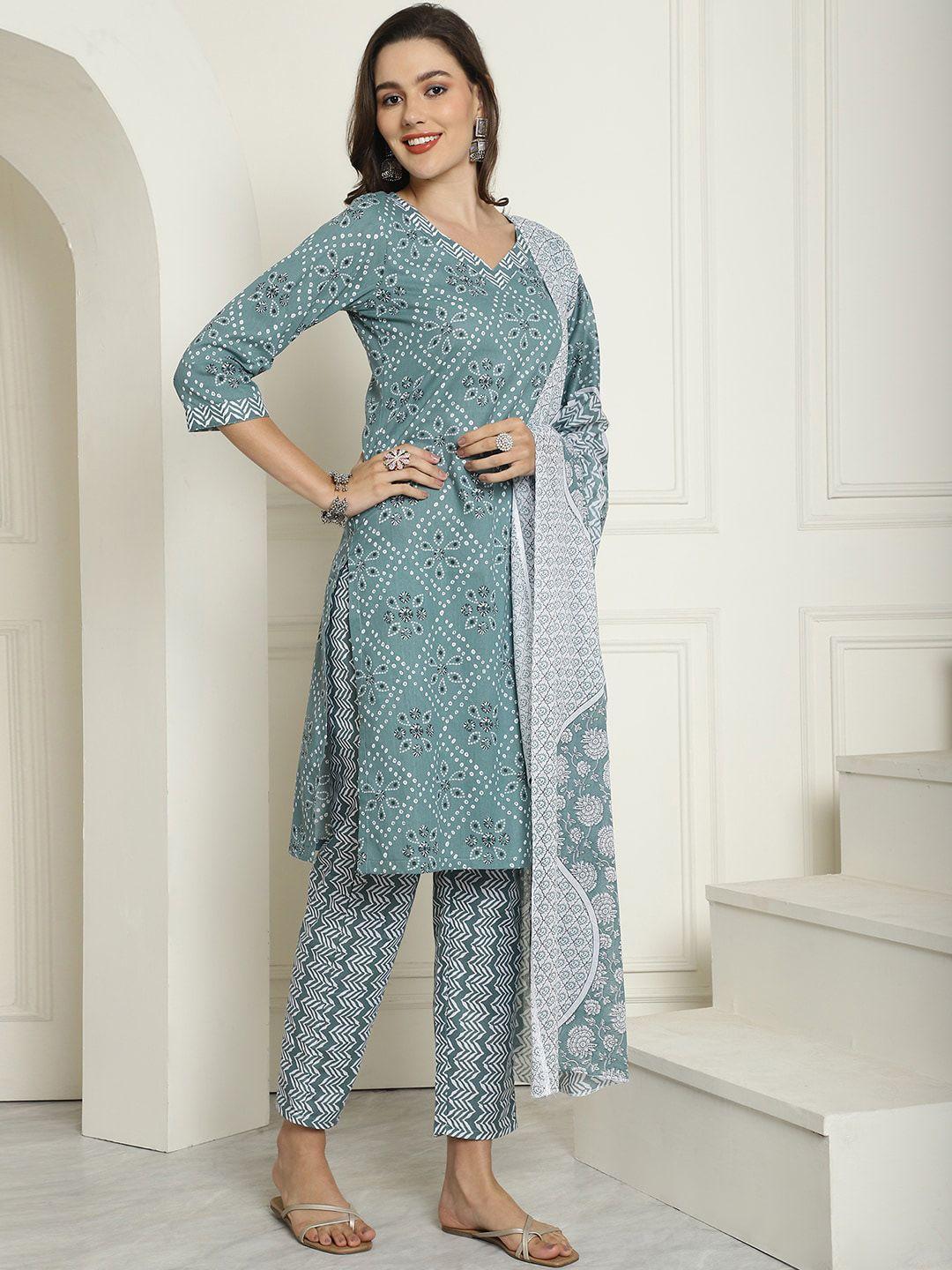 anouk women bandhani printed regular pure cotton kurta with trousers & dupatta