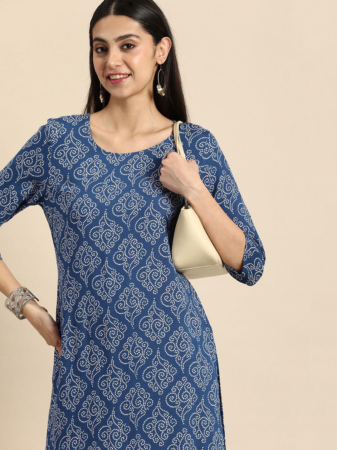 anouk women bandhani printed straight indigo kurta