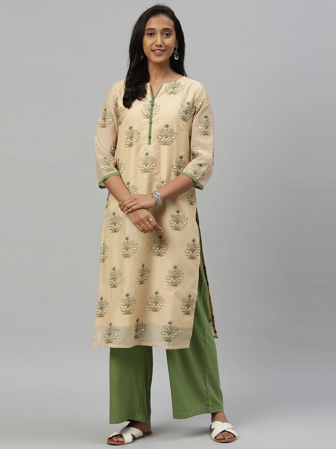 anouk women beige & green floral printed kurta with palazzos