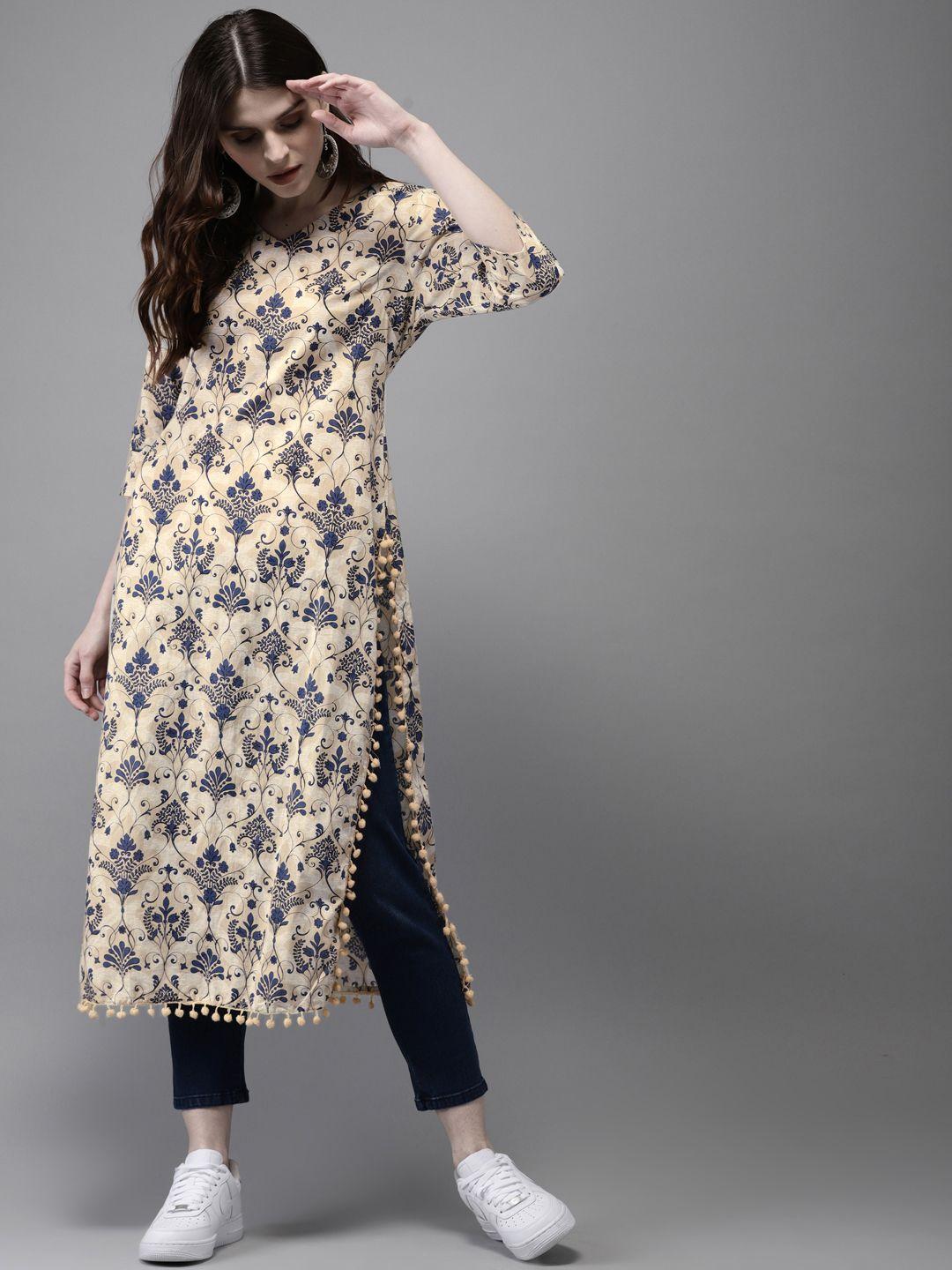 anouk women beige & navy blue printed straight kurta
