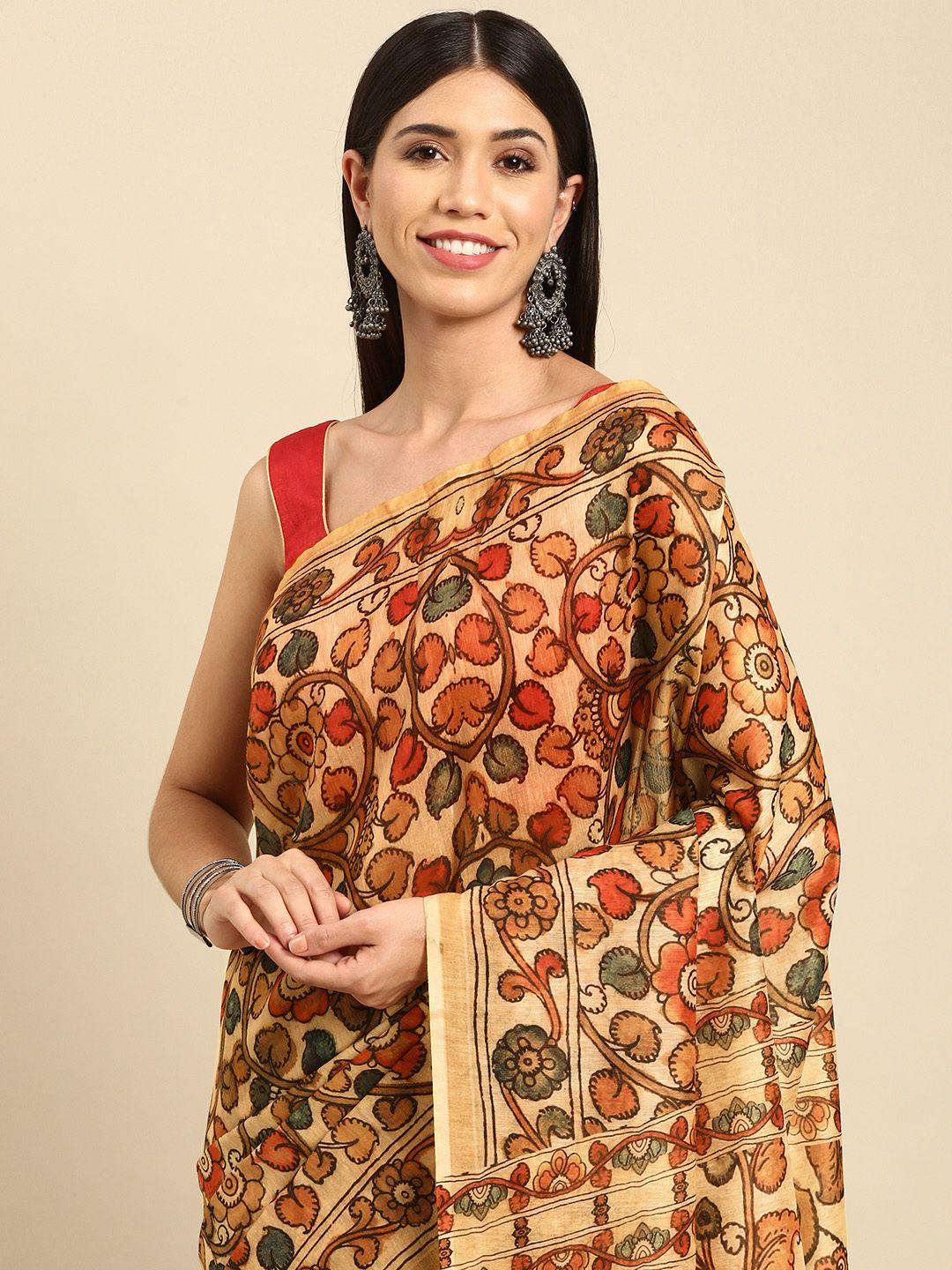 anouk women beige & orange ethnic motifs saree