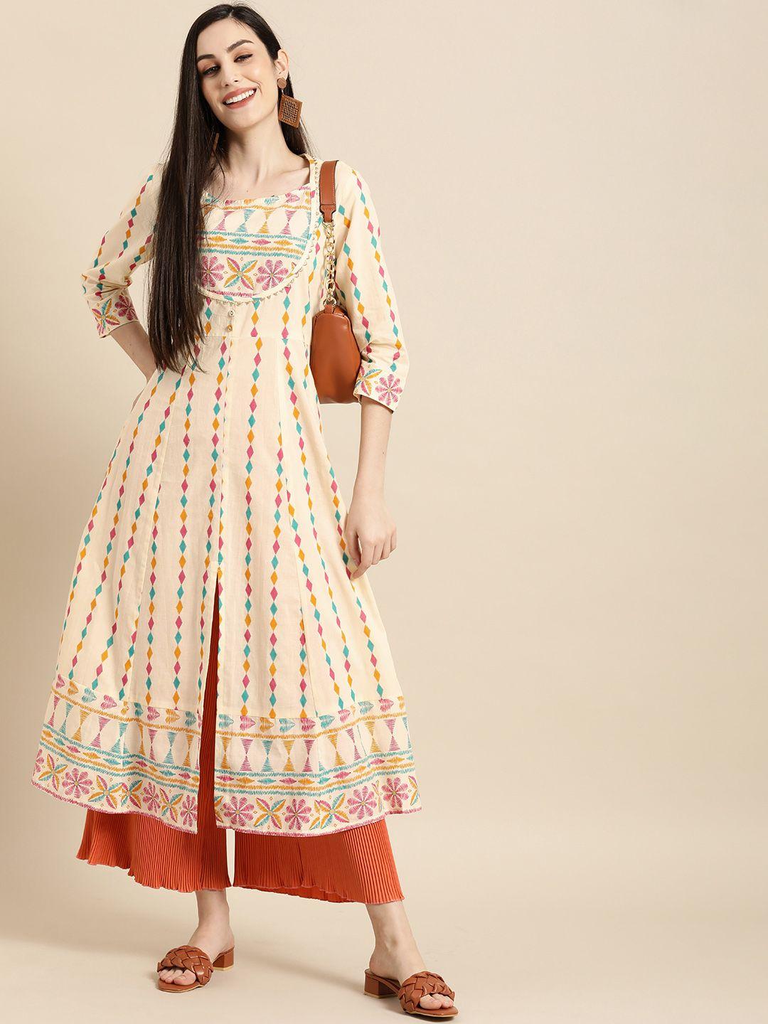 anouk women beige & pink geometric printed pure cotton anarkali kurta