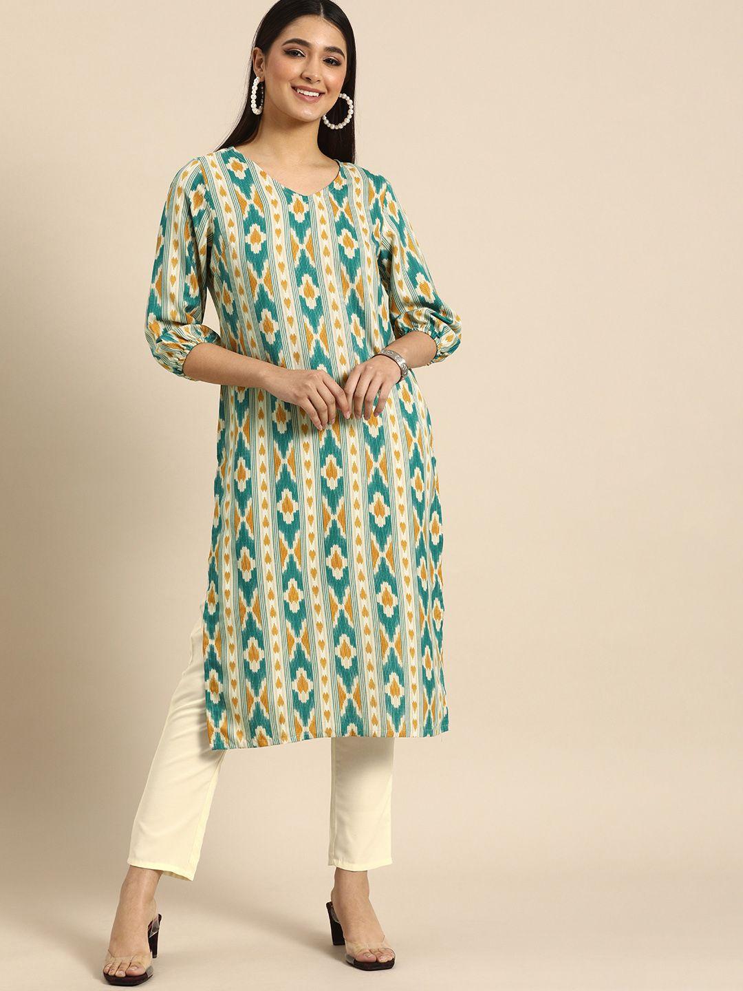 anouk women beige & teal blue abstract striped printed kurta with trousers