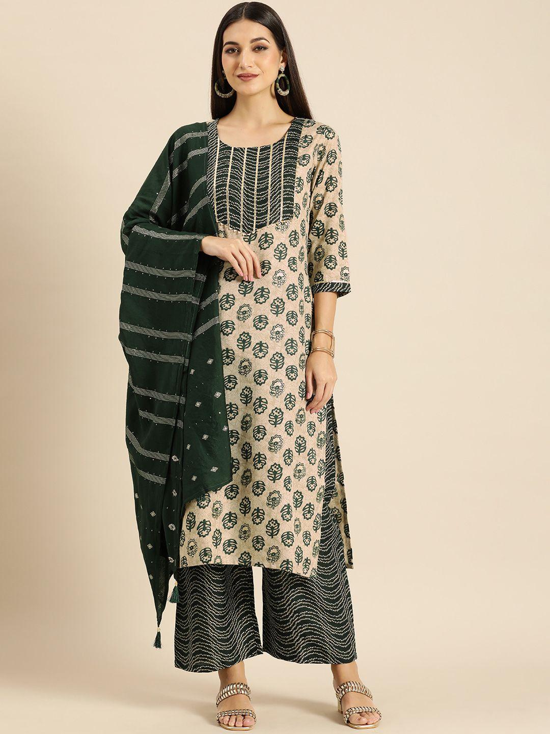 anouk women beige yoke design ethnic motifs printed kurta with palazzos & with dupatta