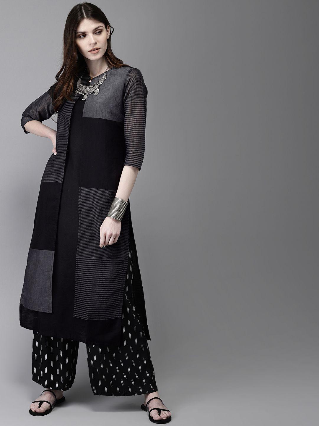 anouk women black & charcoal grey colourblcoked a-line layered kurta