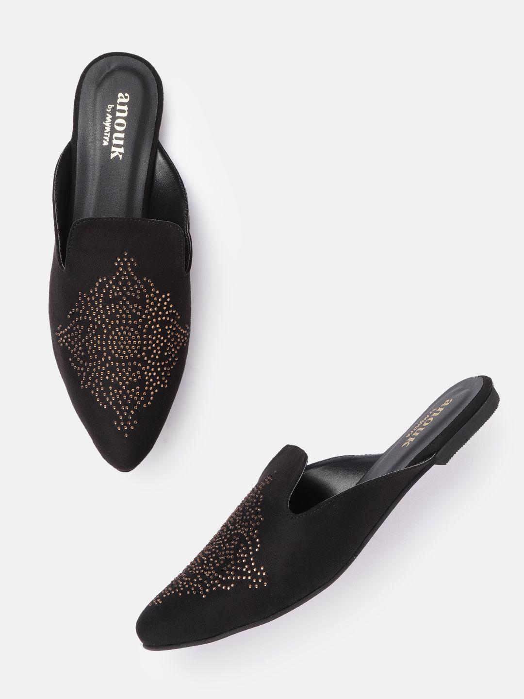 anouk women black & gold-toned stone embellished pointed toe mules