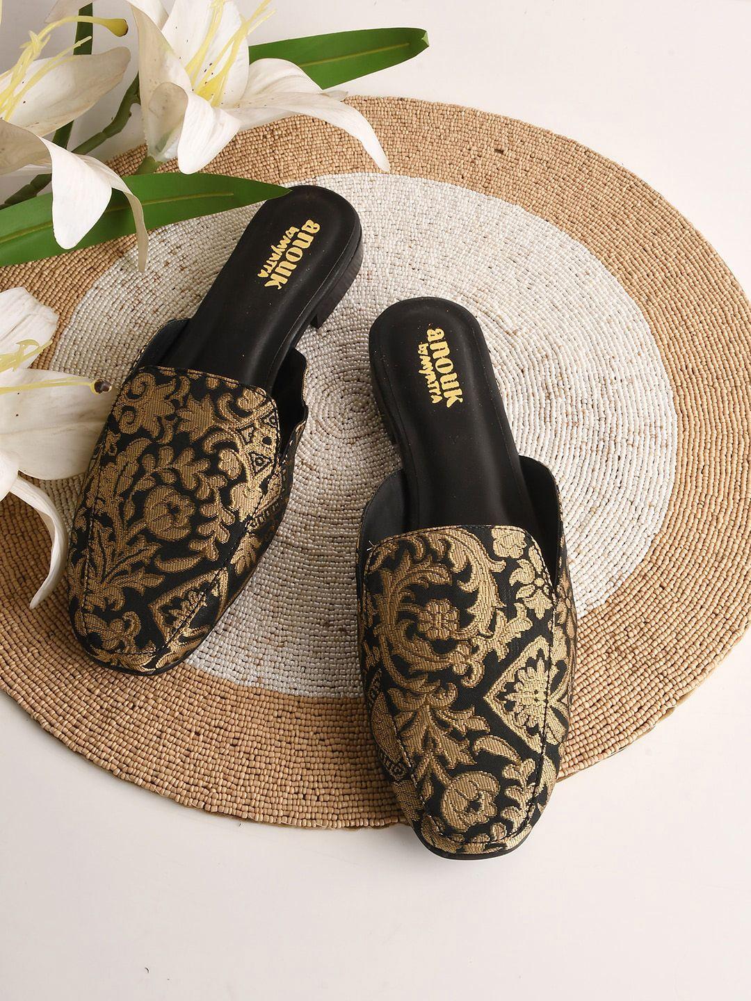 anouk women black & gold toned woven design fabric mules