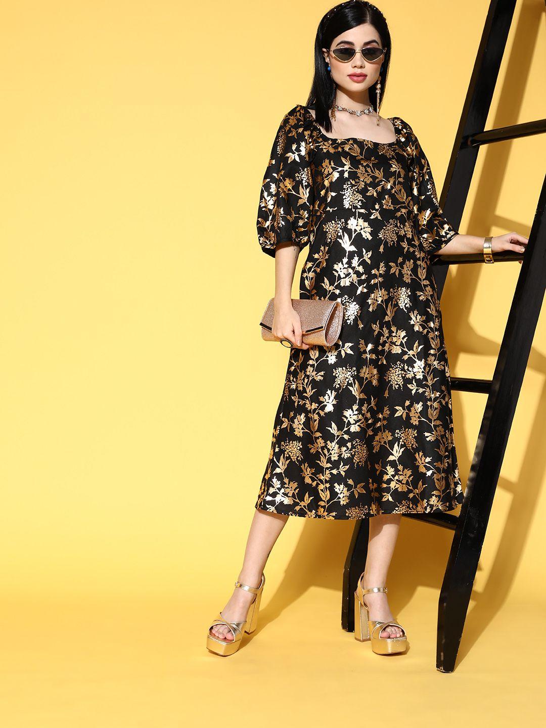 anouk women black & golden floral printed a-line midi dress