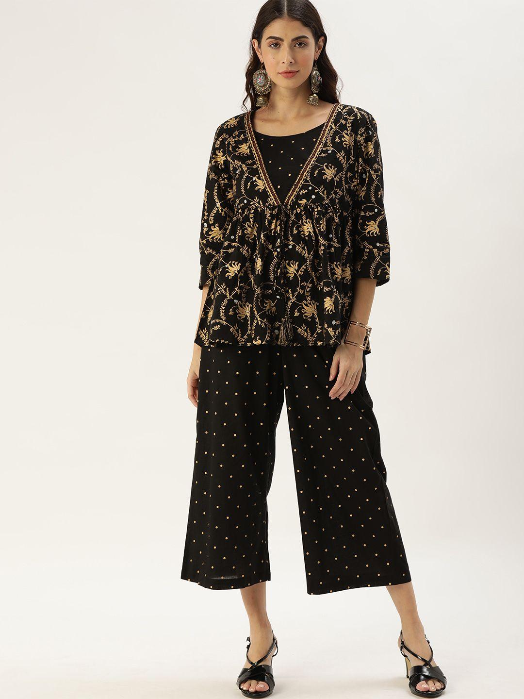 anouk women black & golden printed pure cotton top with palazzos