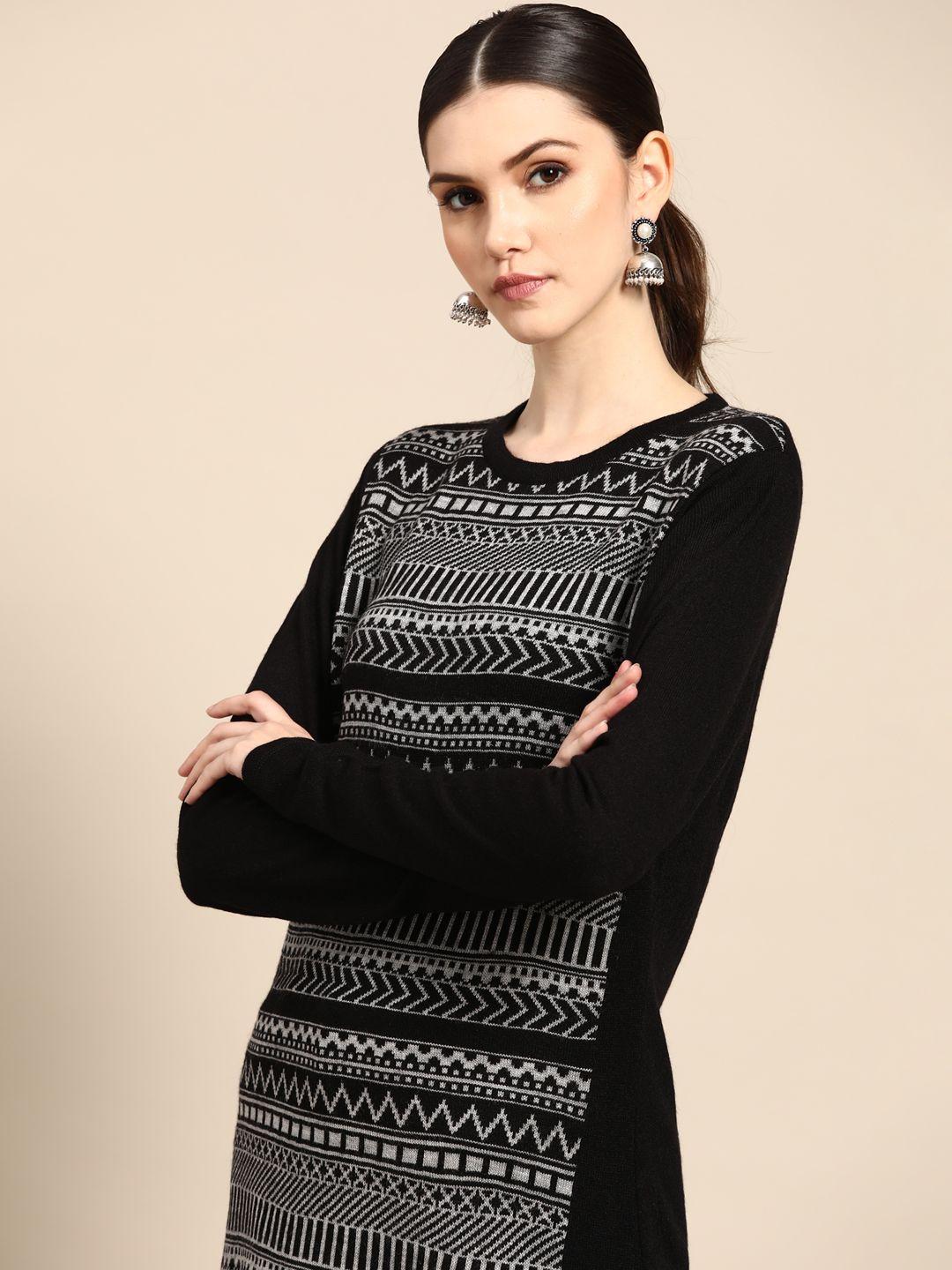 anouk women black & grey knitted pattern winter winter kurta