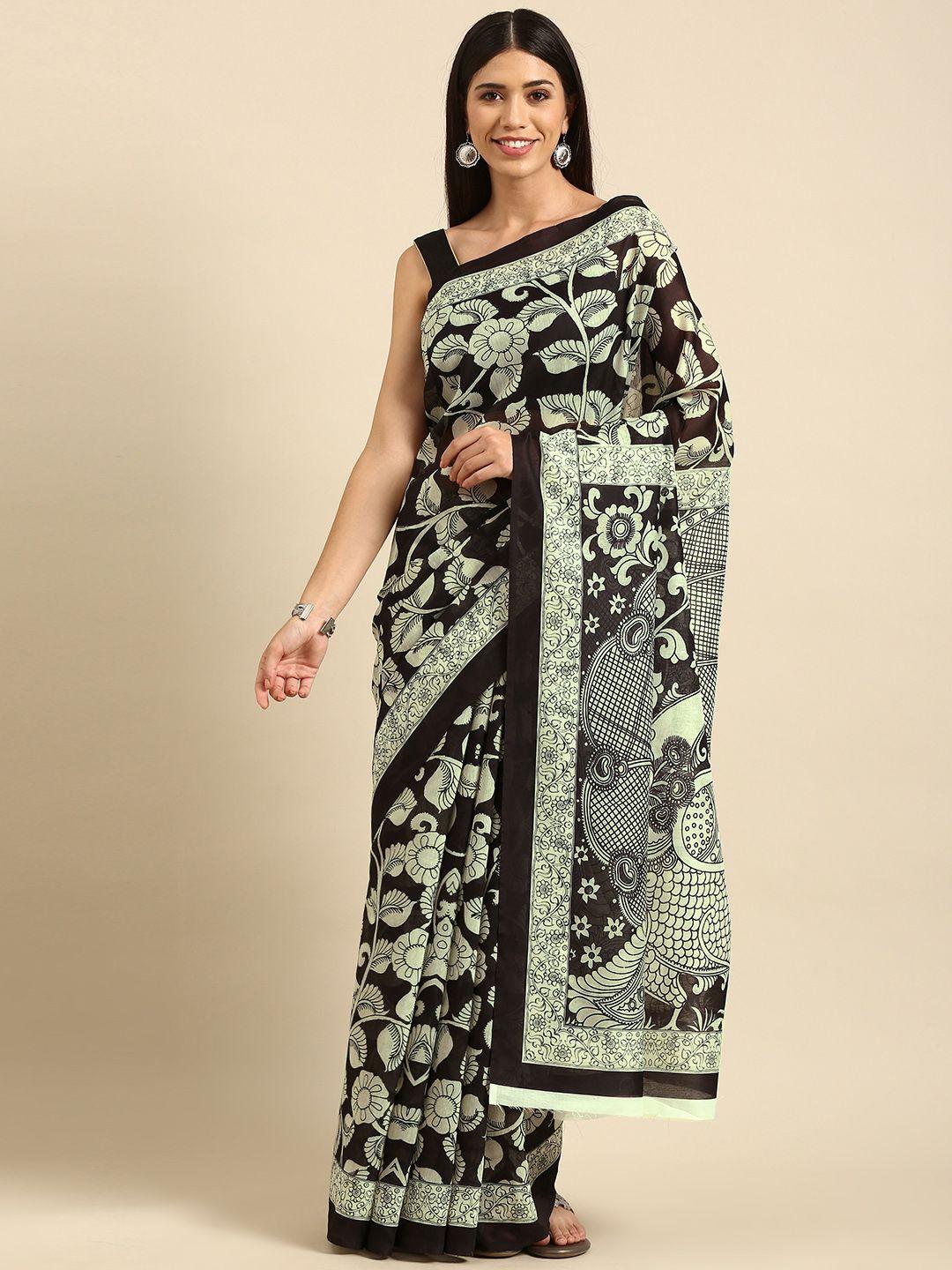 anouk women black & off white ethnic motifs saree