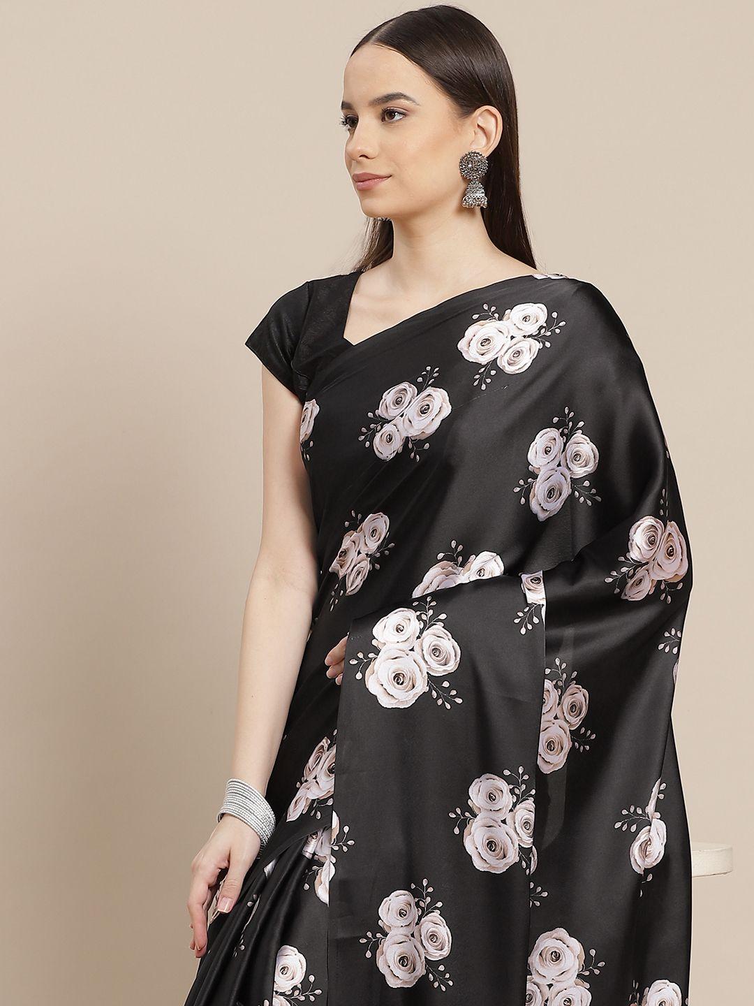 anouk women black & off white floral print satin saree