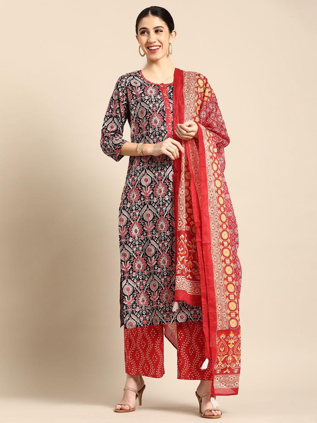 anouk women black & red ethnic printed pure cotton kurta with palazzos & with dupatta