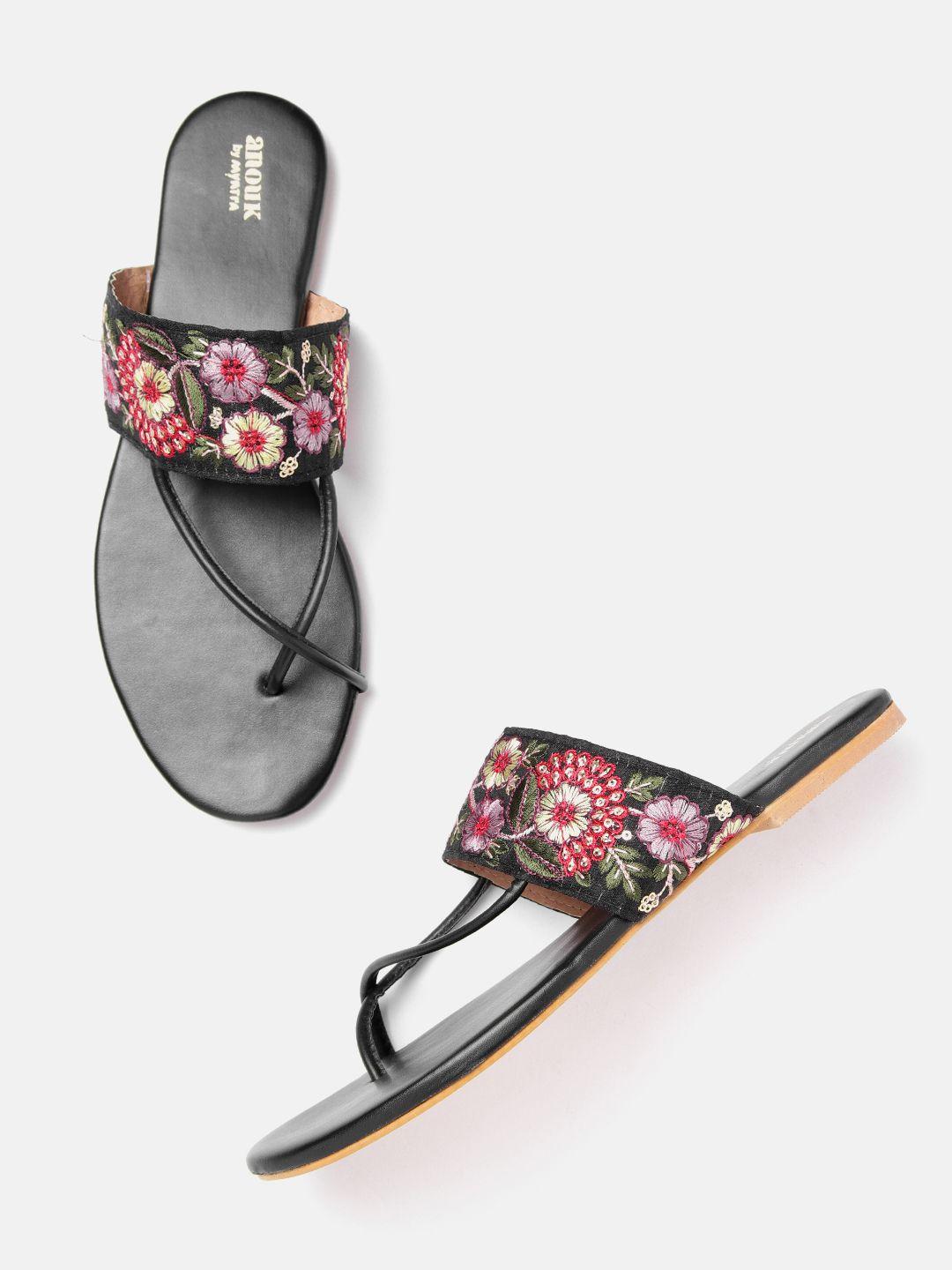 anouk women black & red floral embroidered ethnic one toe flats