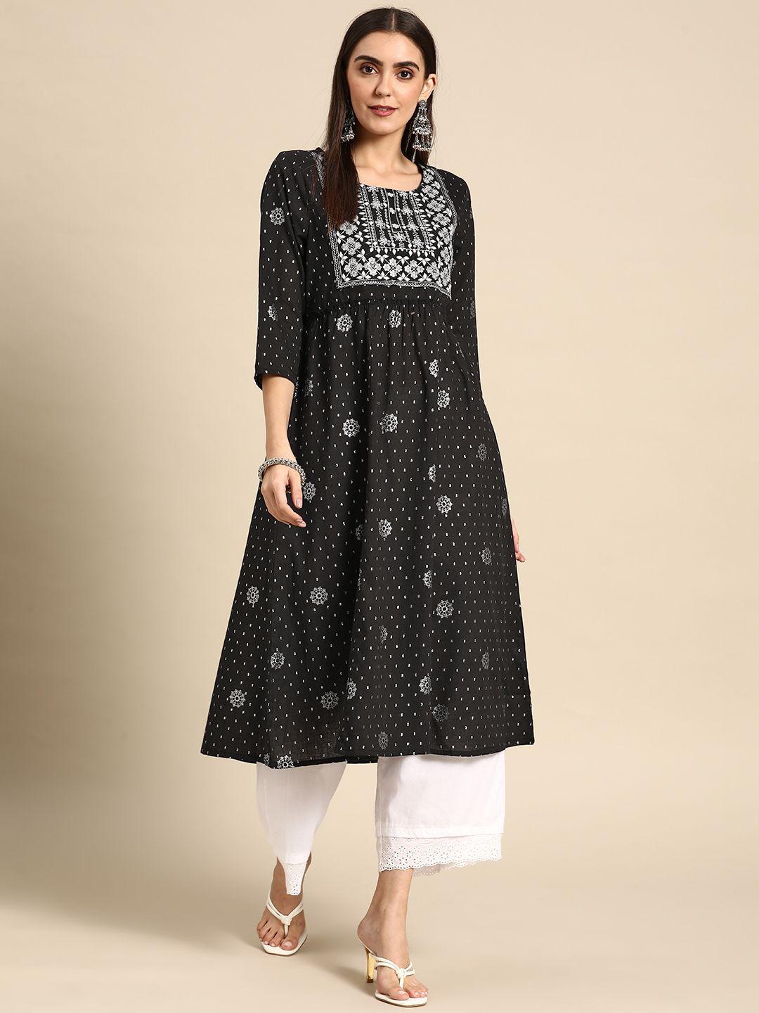 anouk women black & silver ethnic motifs embroidered sequin work a-line kurta