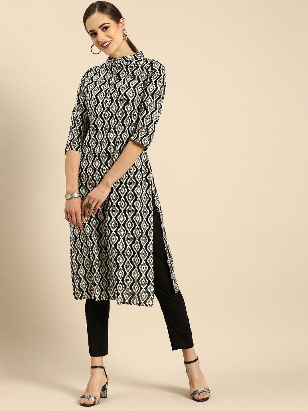 anouk women black & white ethnic motifs printed kurta