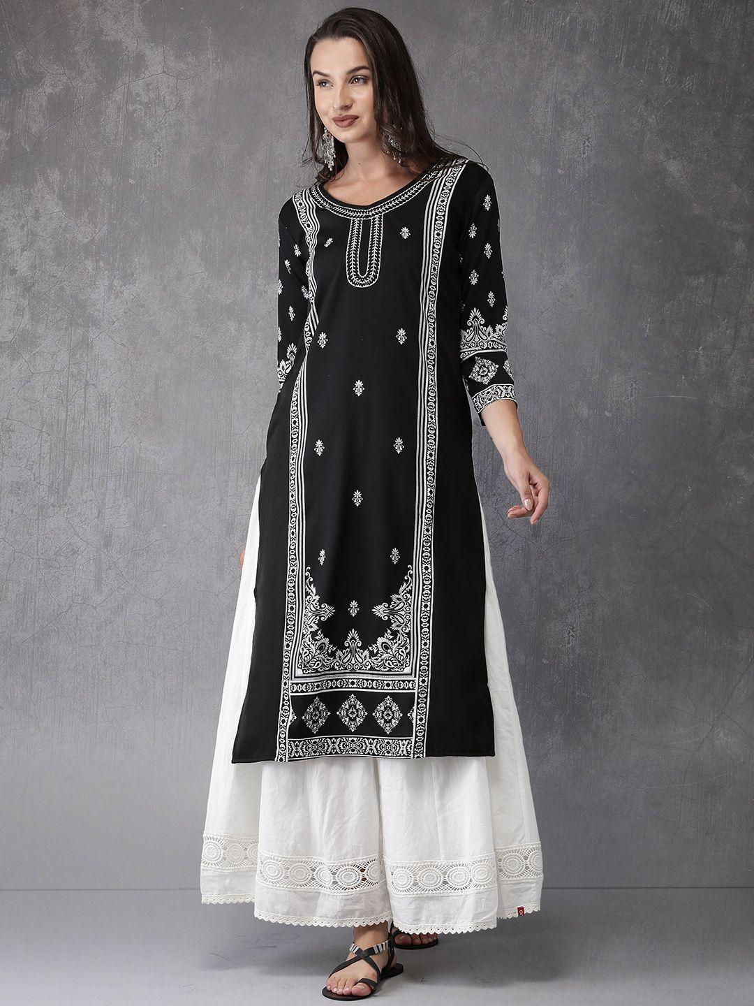 anouk women black & white printed straight kurta