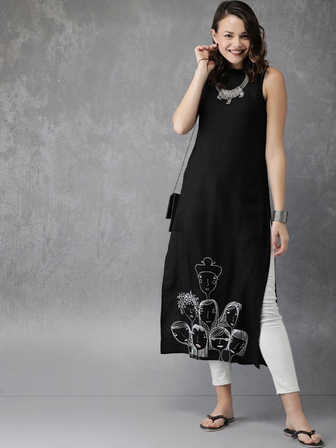 anouk women black & white printed straight kurta