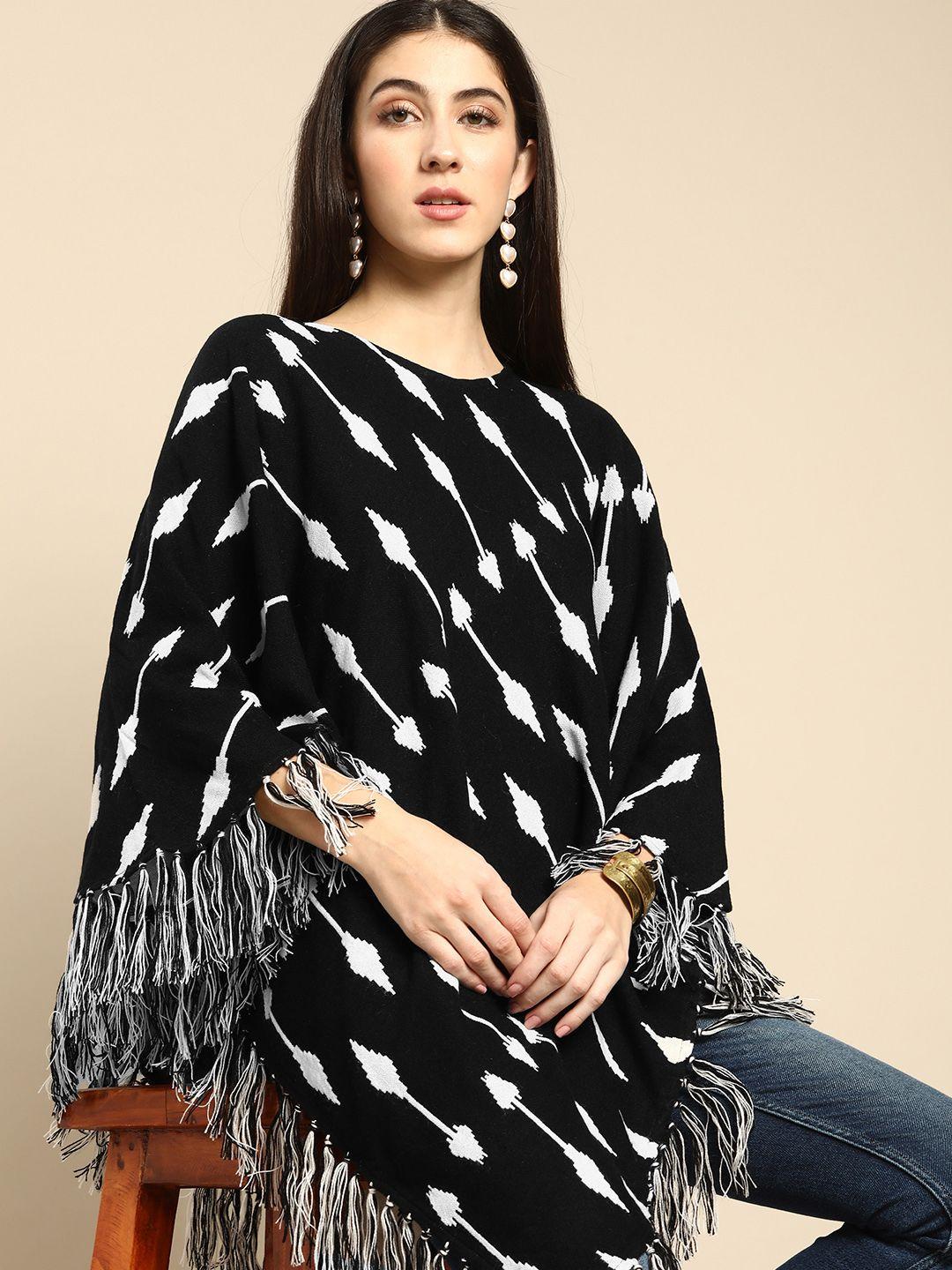 anouk women black & white self design poncho with fringed detail