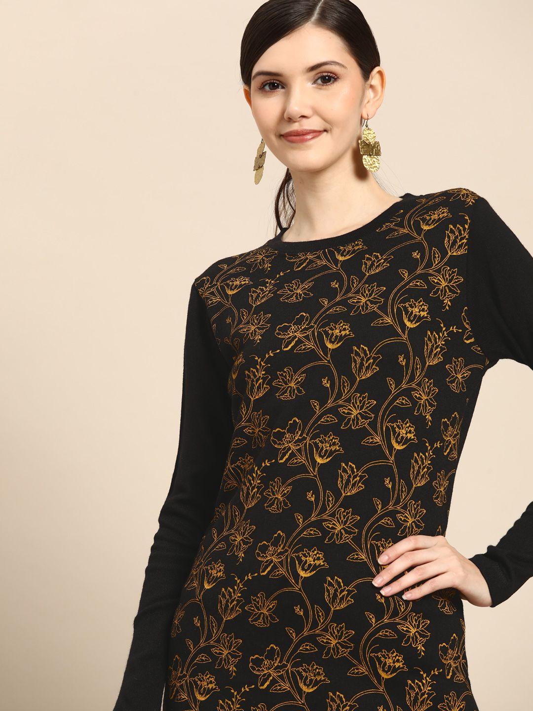 anouk women black & yellow floral printed floral winter winter kurta