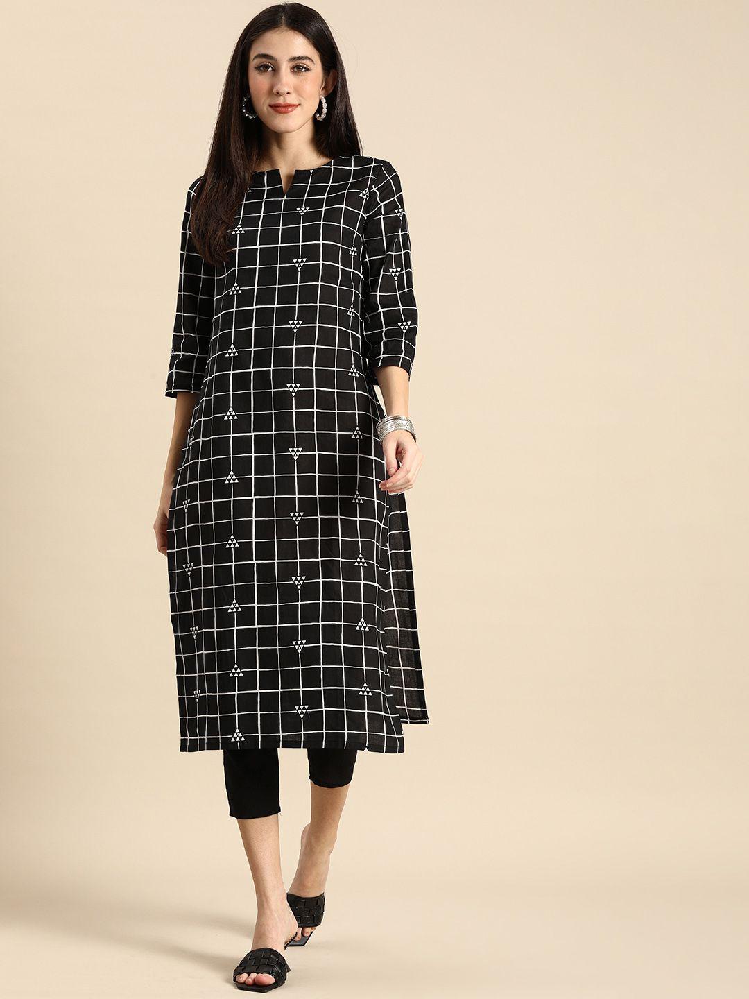 anouk women black and white checked pure cotton kurta with cropped trousers