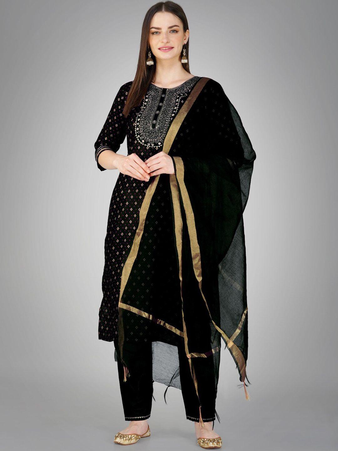 anouk women black embroidered regular sequinned kurta with trousers & with dupatta