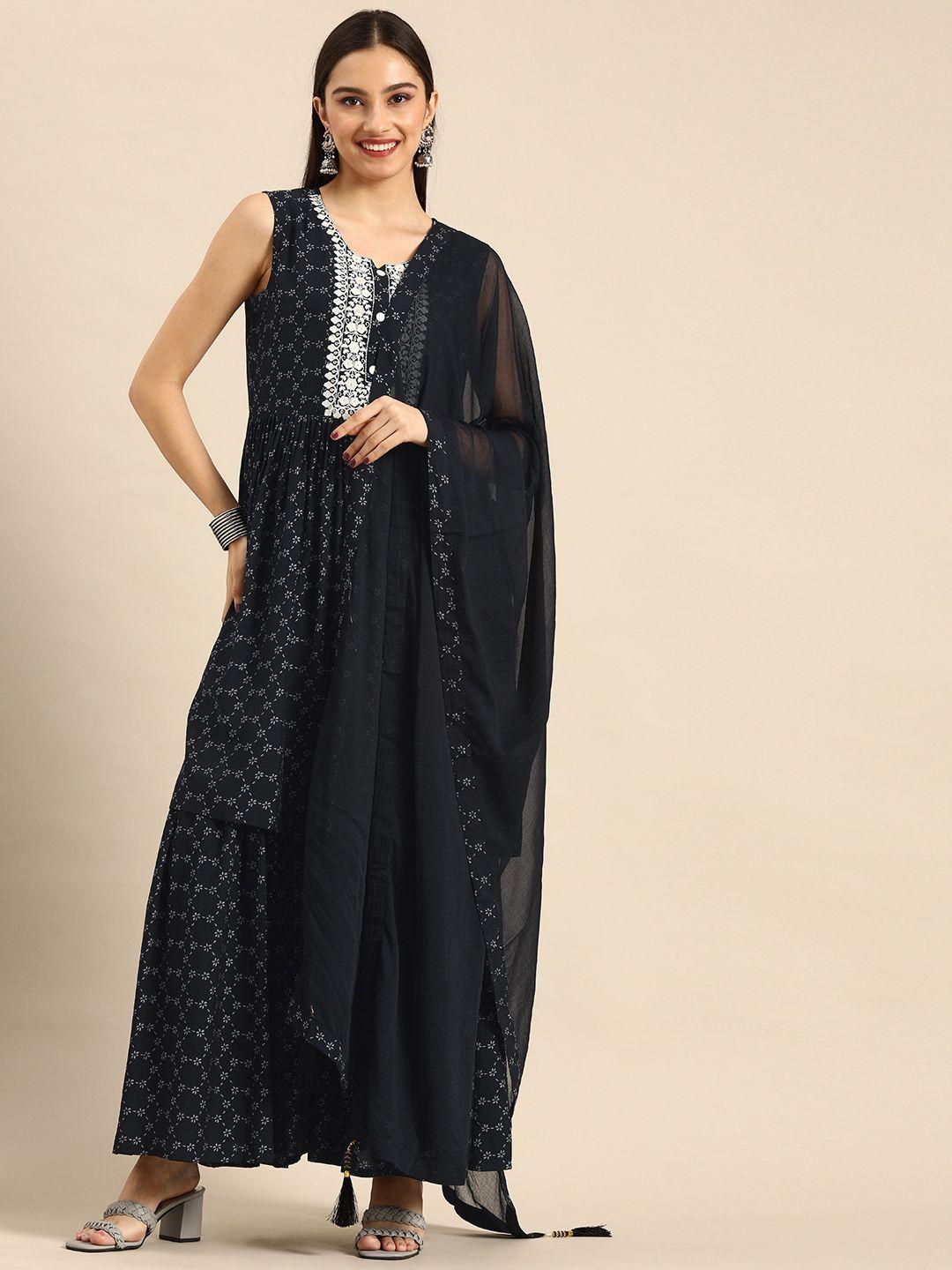 anouk women black ethnic motifs printed embroidered detail kurta with sharara & dupatta