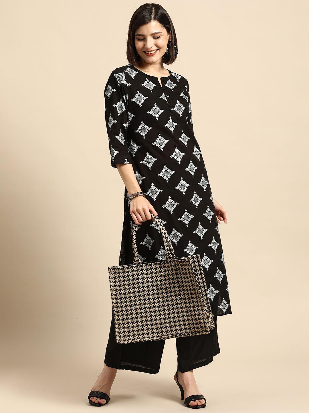 anouk women black ethnic motifs printed pure cotton kurta with palazzos