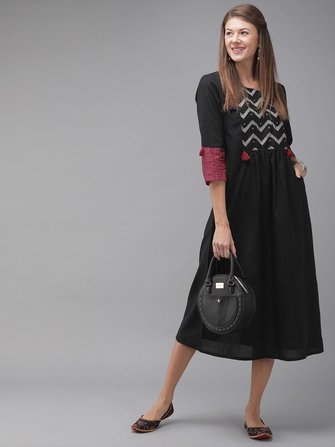 anouk women black printed a-line dress