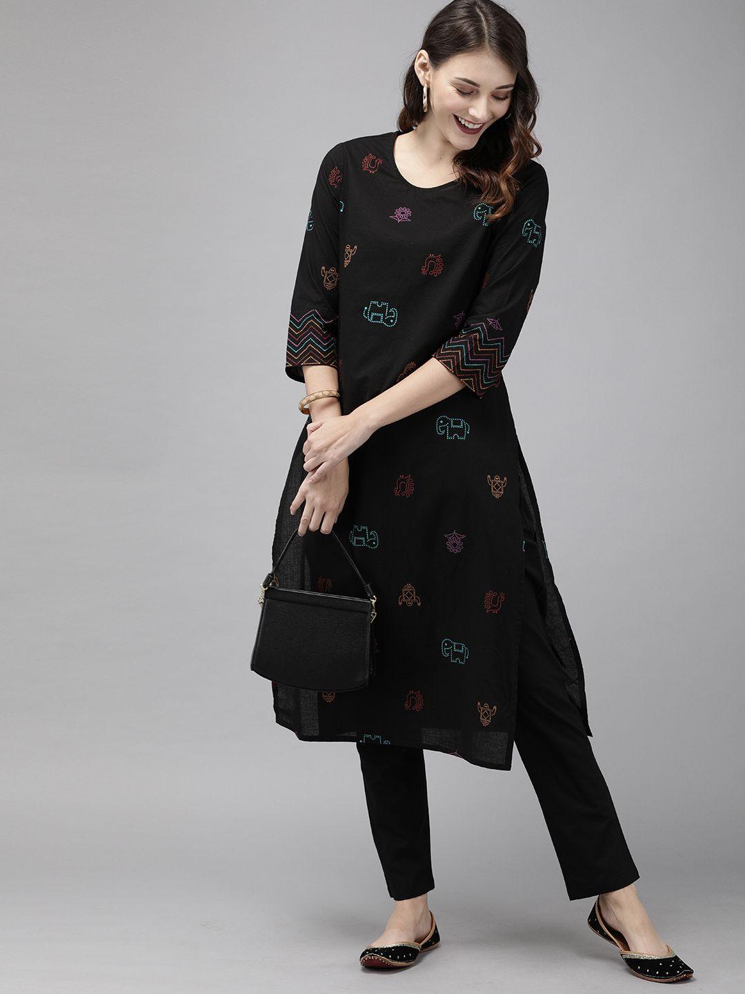 anouk women black printed kurta with trousers