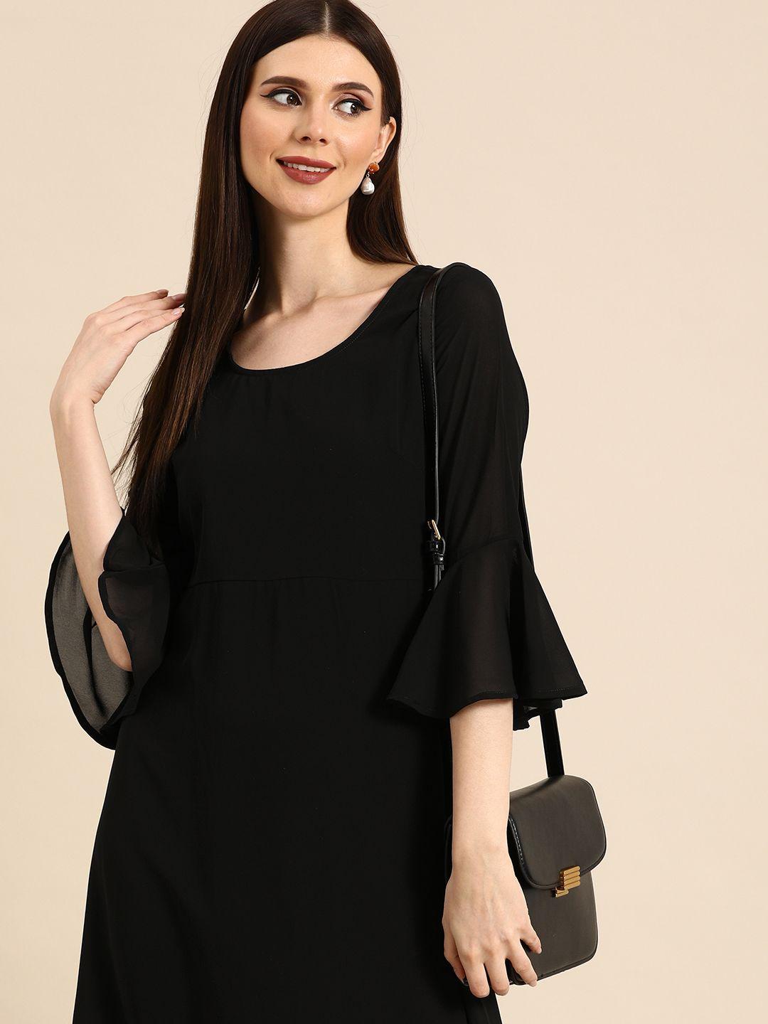 anouk women black solid a-line dress