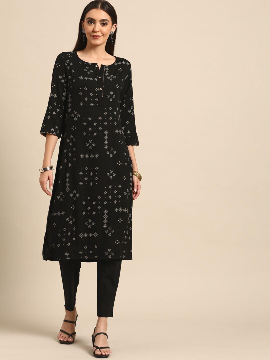 anouk women black tribal printed quirky kurta