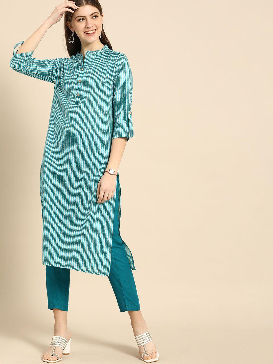 anouk women blue & beige striped pure cotton kurta with trousers