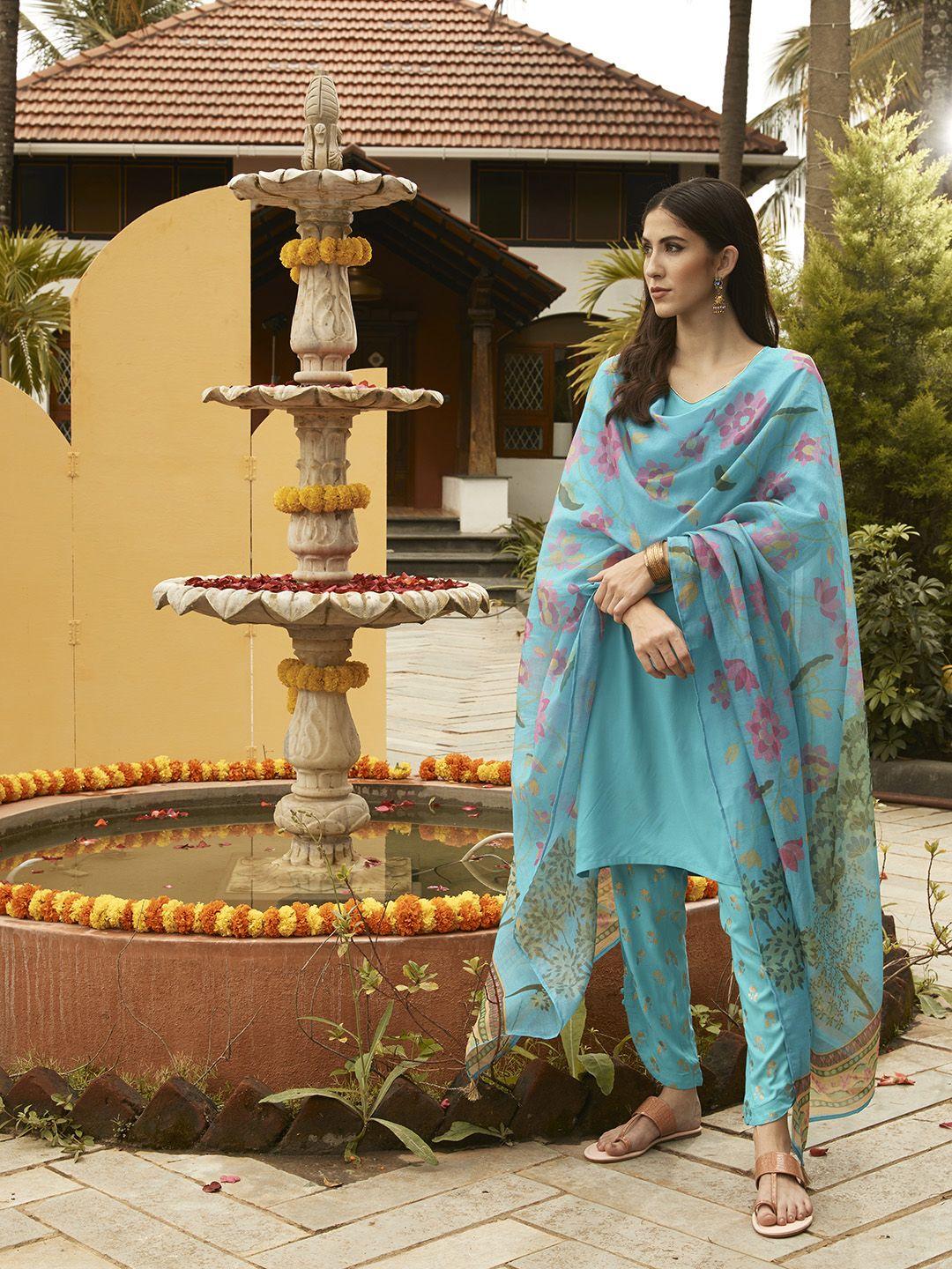 anouk women blue & gold-toned solid regular viscose rayon kurta with trousers & dupatta