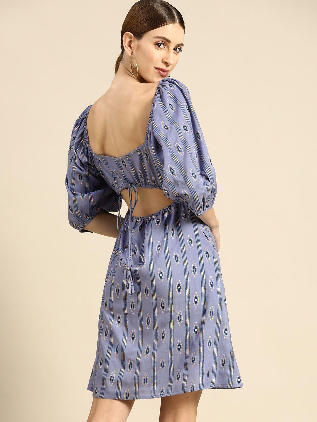 anouk women blue & golden ethnic motifs printed a-line dress with stylized back