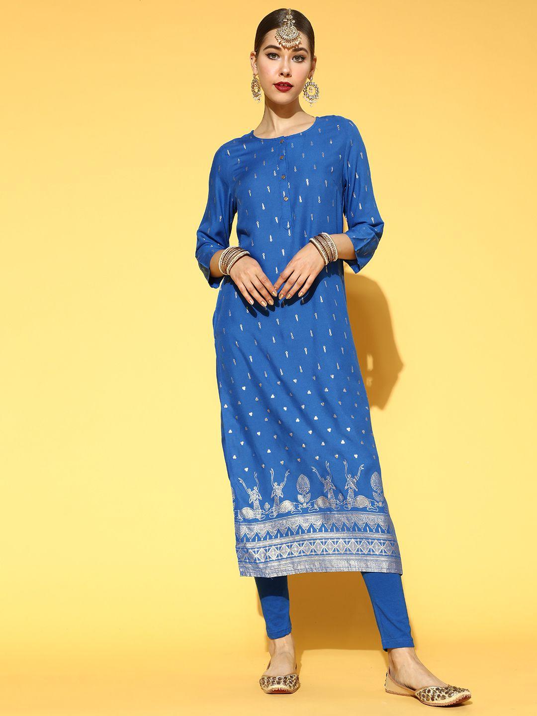 anouk women blue & golden ethnic motifs printed regular kurta with churidar