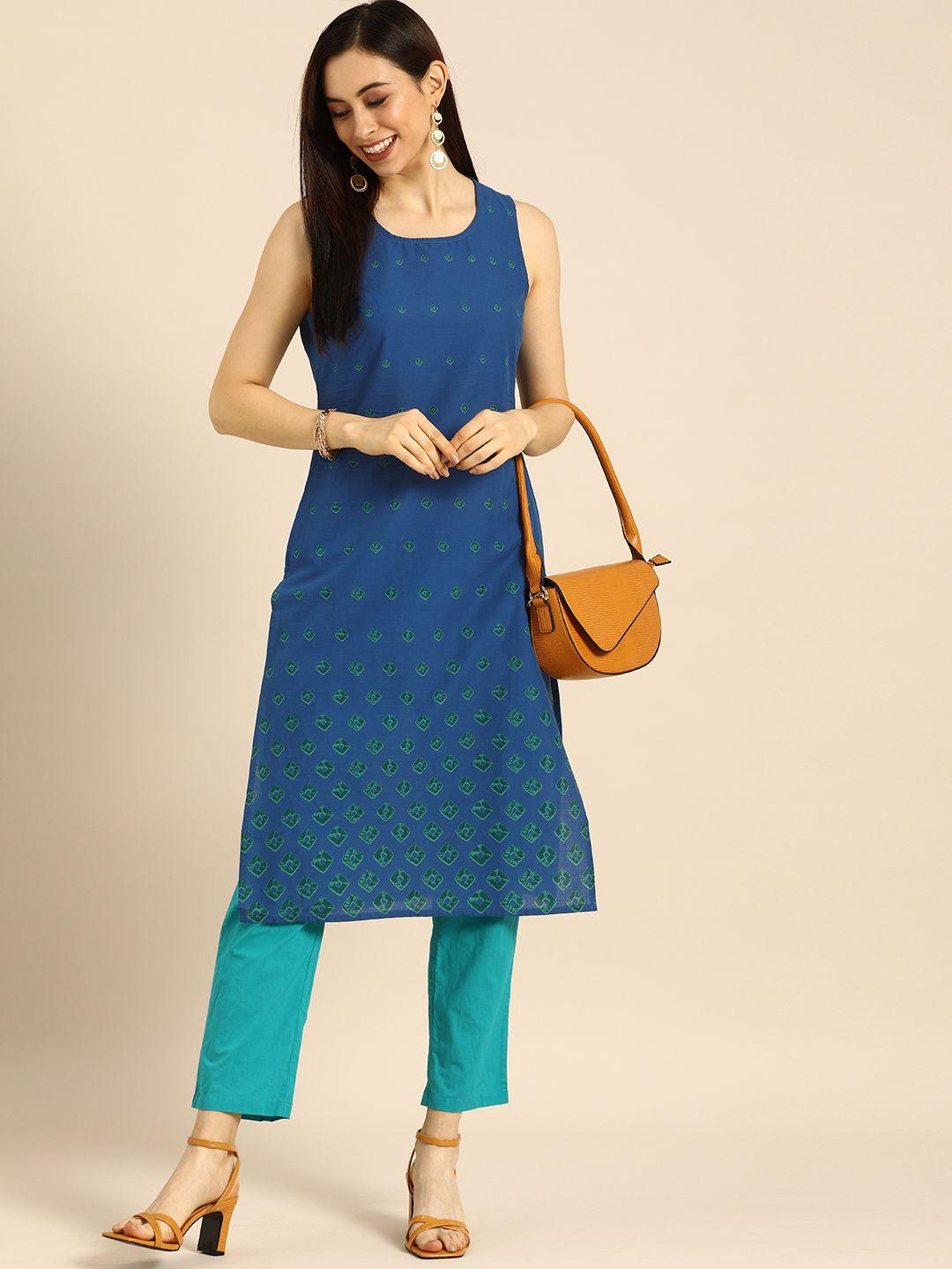 anouk women blue & green geometric printed kurta