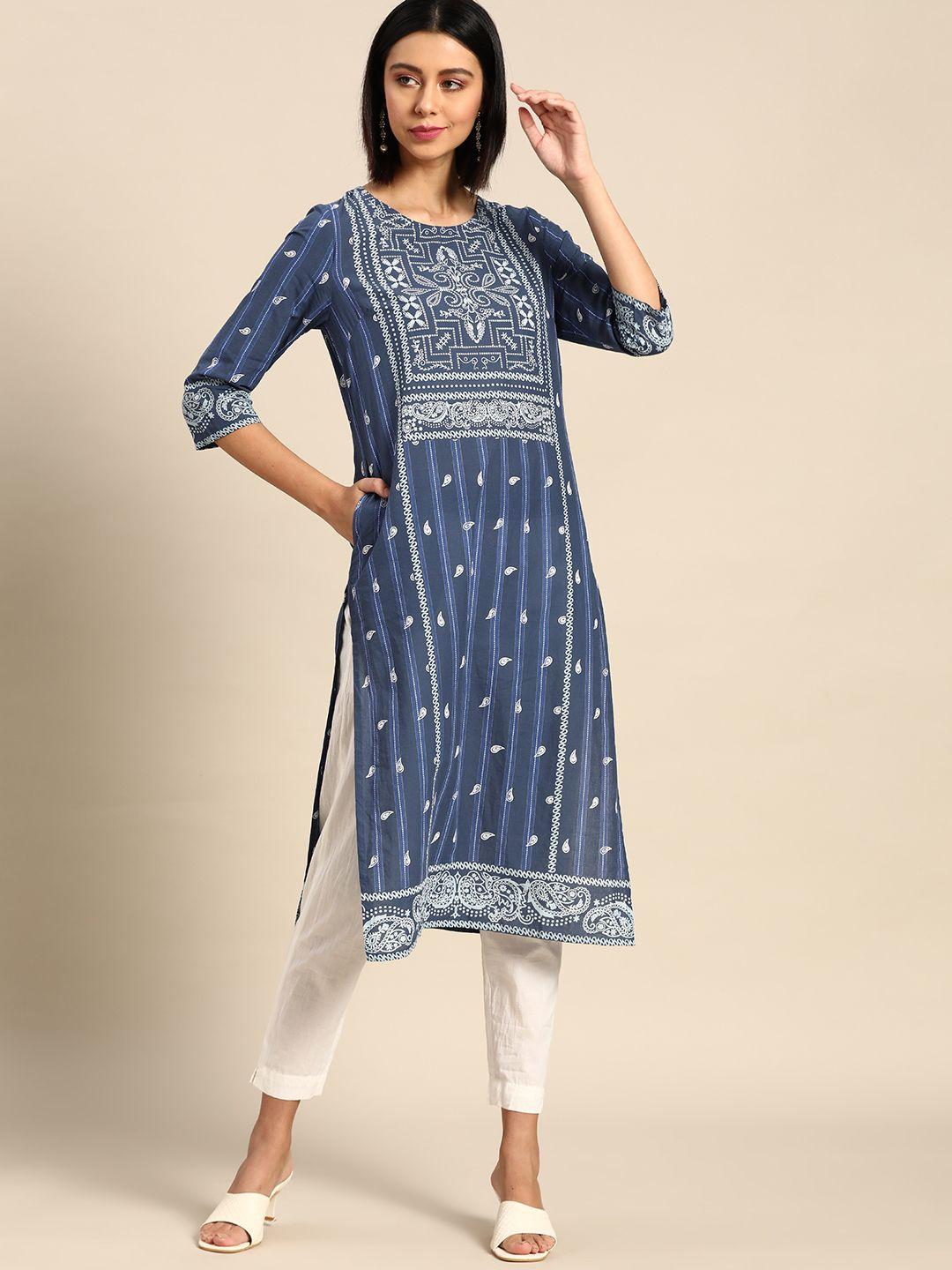 anouk women blue & off white pure cotton ethnic motifs print kurta