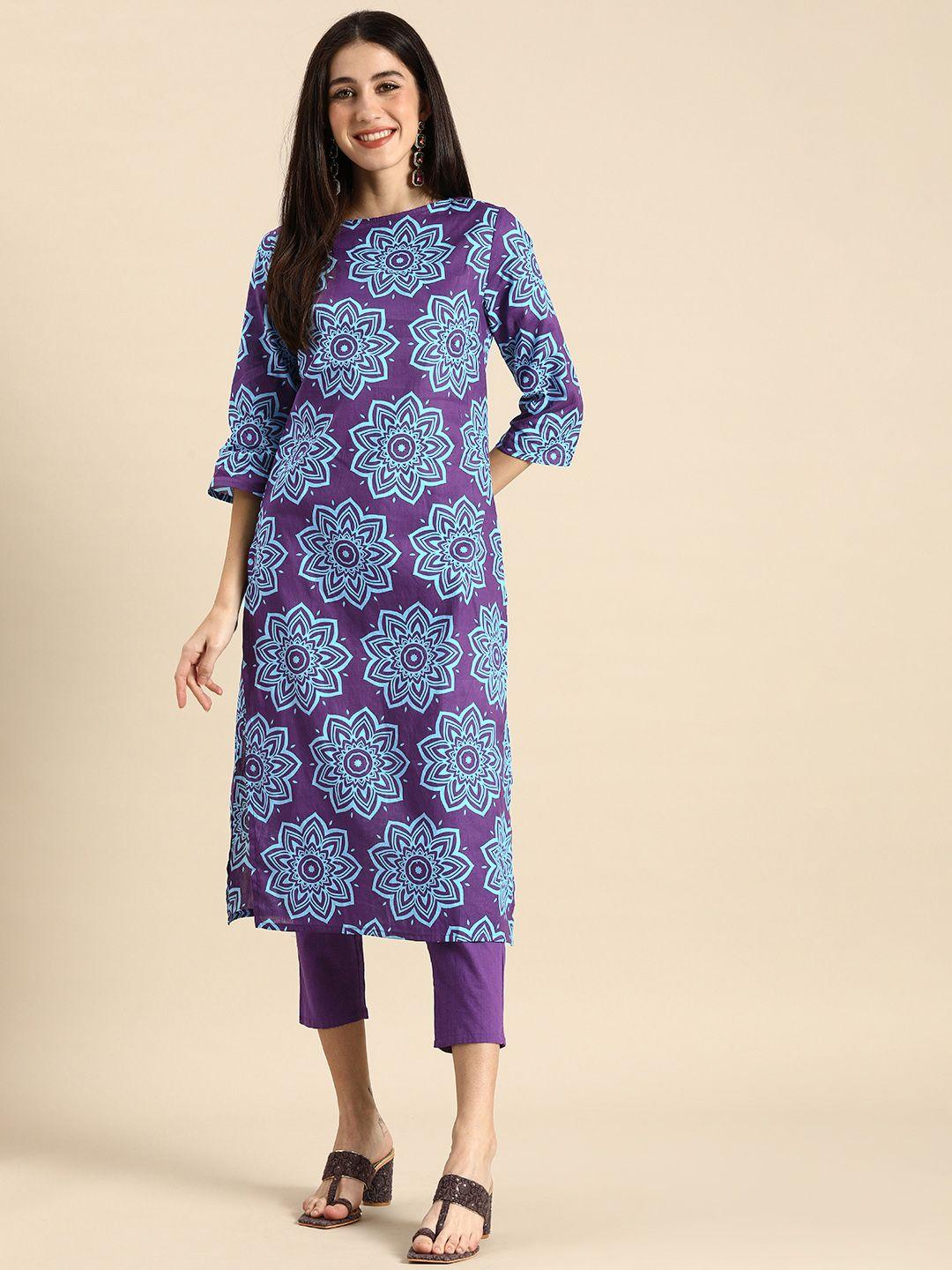anouk women blue & purple floral printed pure cotton kurta with trousers