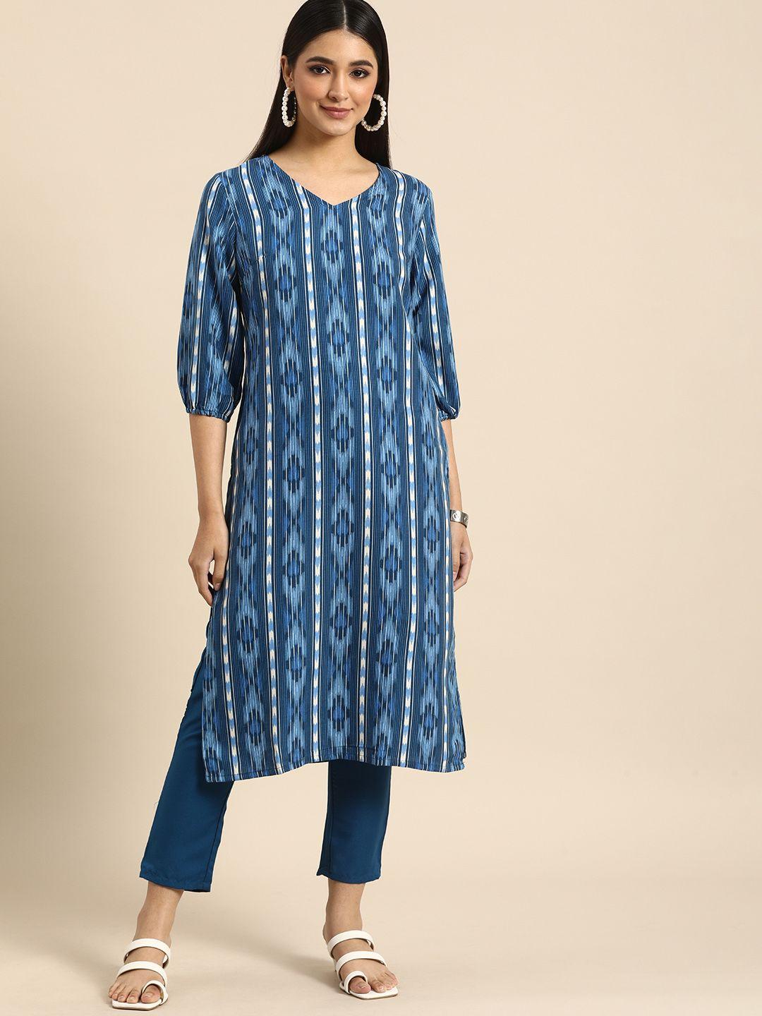 anouk women blue & white abstract striped printed kurta with solid trousers