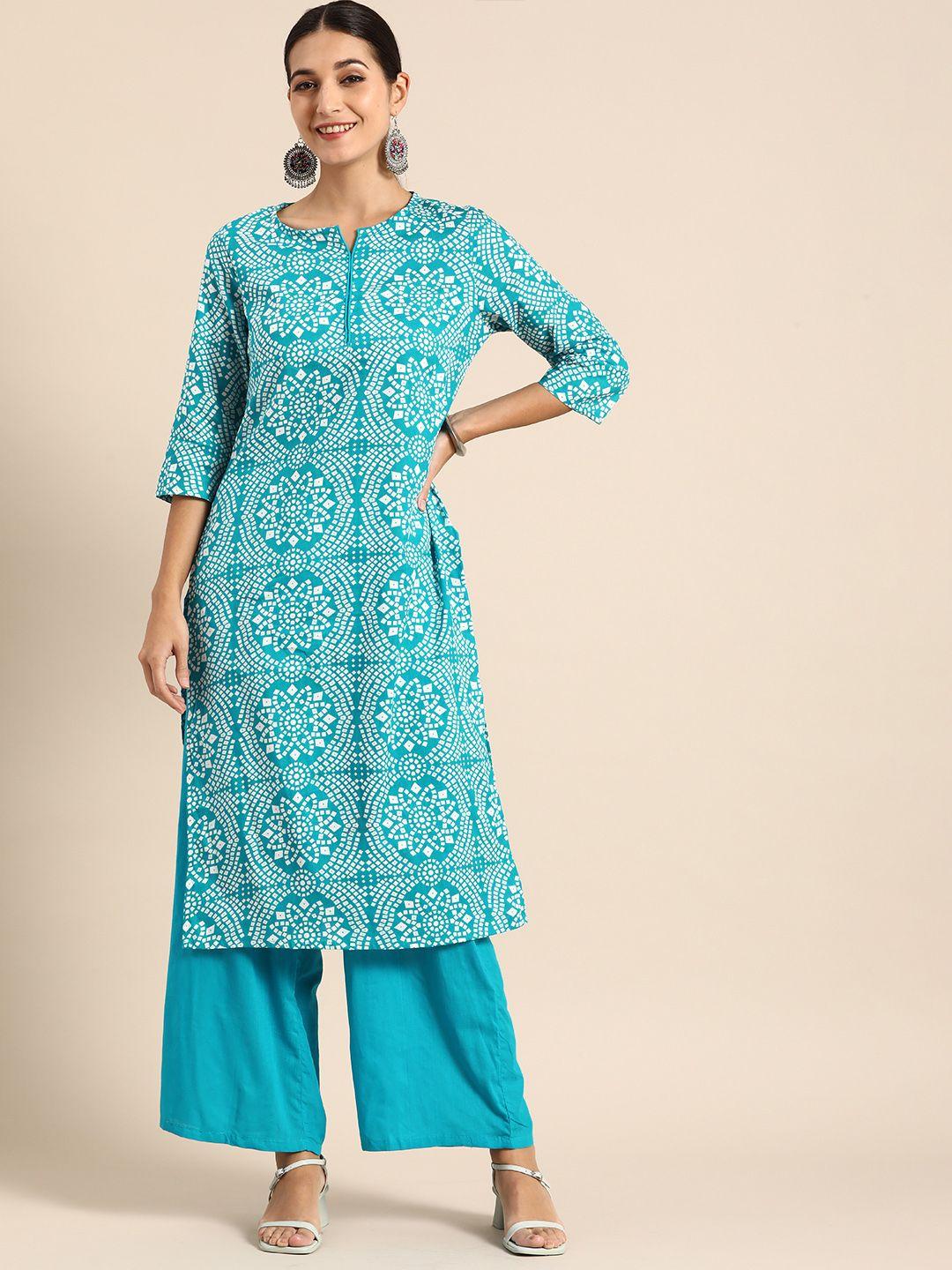 anouk women blue & white bandhani print pure cotton kurta with palazzos