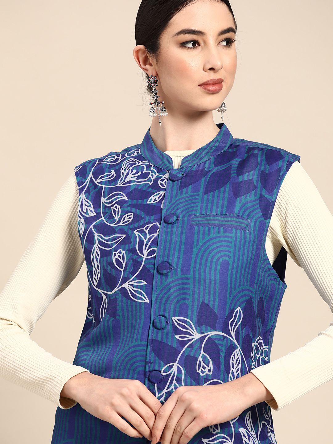 anouk women blue & white floral printed nehru jacket