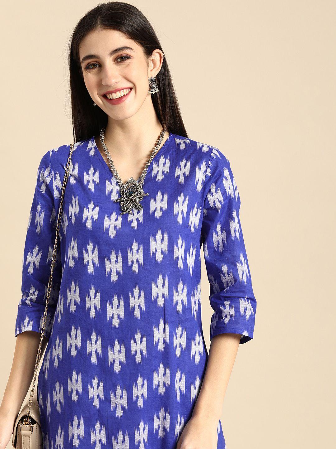 anouk women blue & white ikat printed v-neck pure cotton a-line kurta