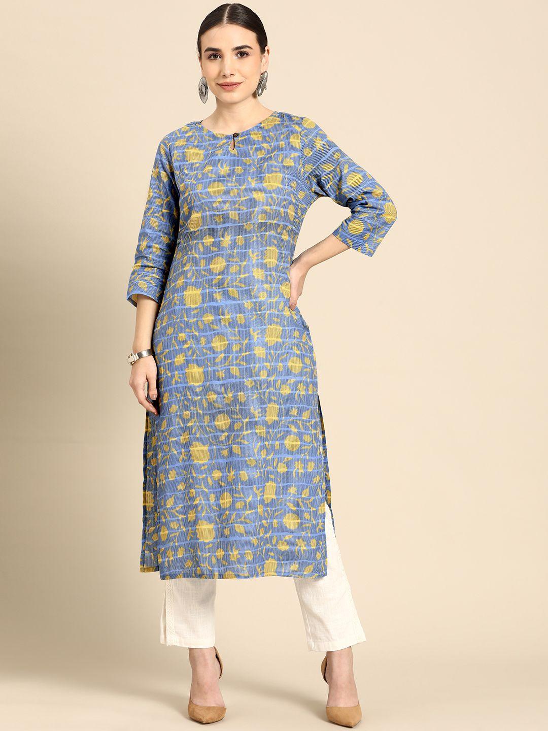 anouk women blue & yellow pure cotton floral printed keyhole neck floral kurta