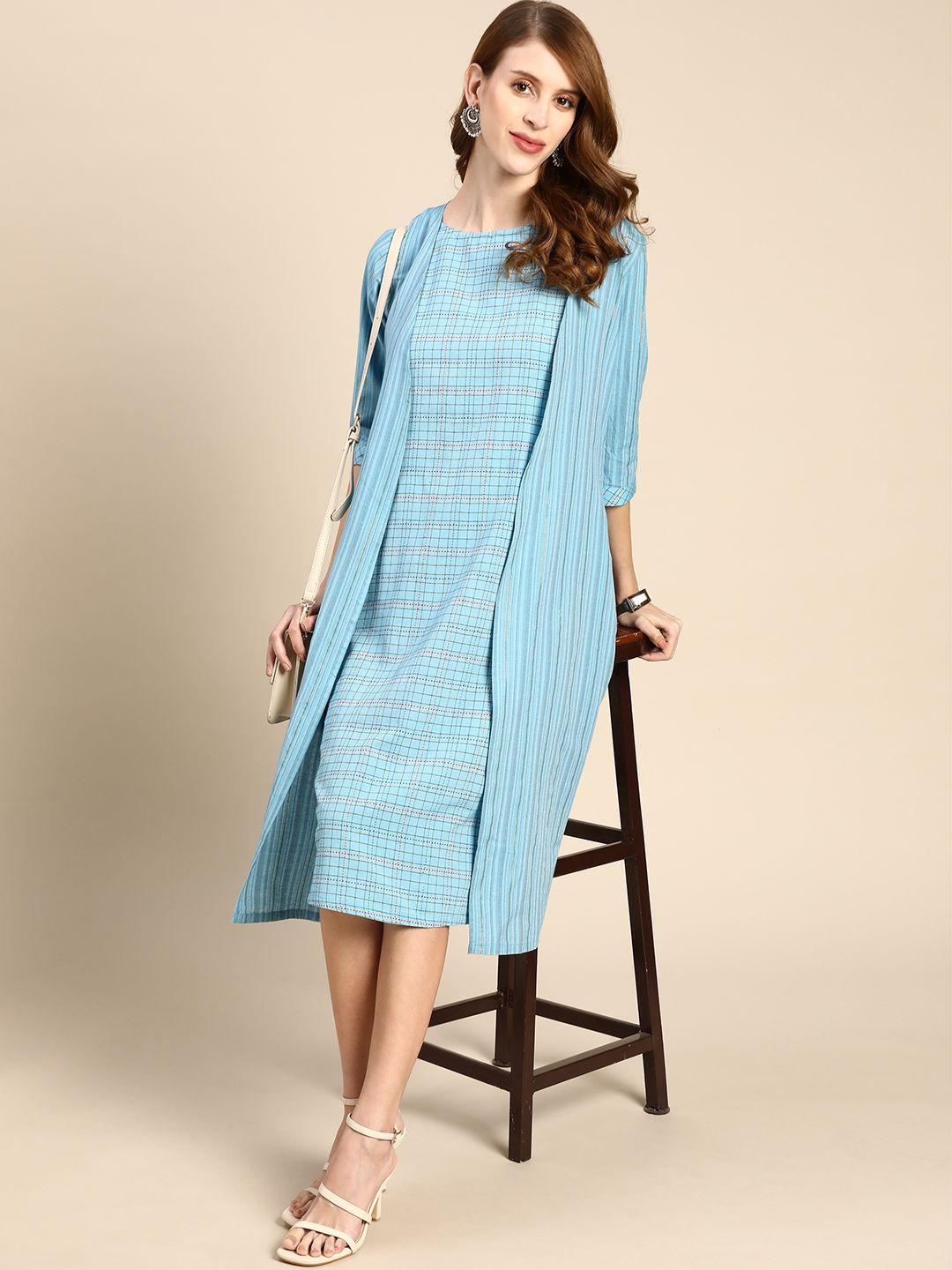 anouk women blue checked woven design a-line midi dress